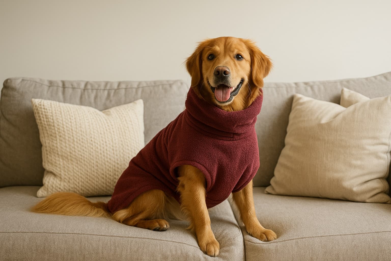 After DryPaws - dry, happy dog in coat on clean sofa
