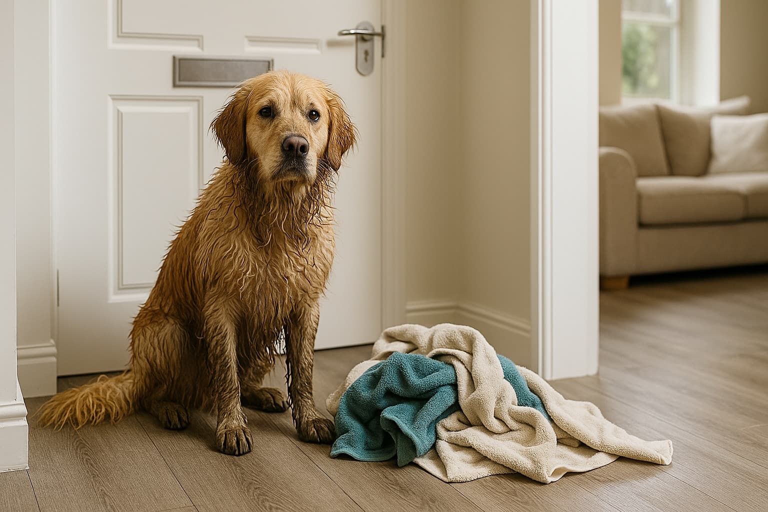 Before DryPaws - wet, muddy dog with messy towels